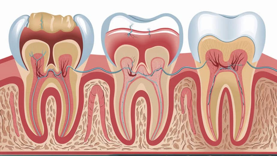 Detailní ilustrace průřezu zubů a dásní znázorňující zubní kaz, poškození skloviny, zánět zubního nervu a anatomii zubu, včetně kořenů a cévního systému.